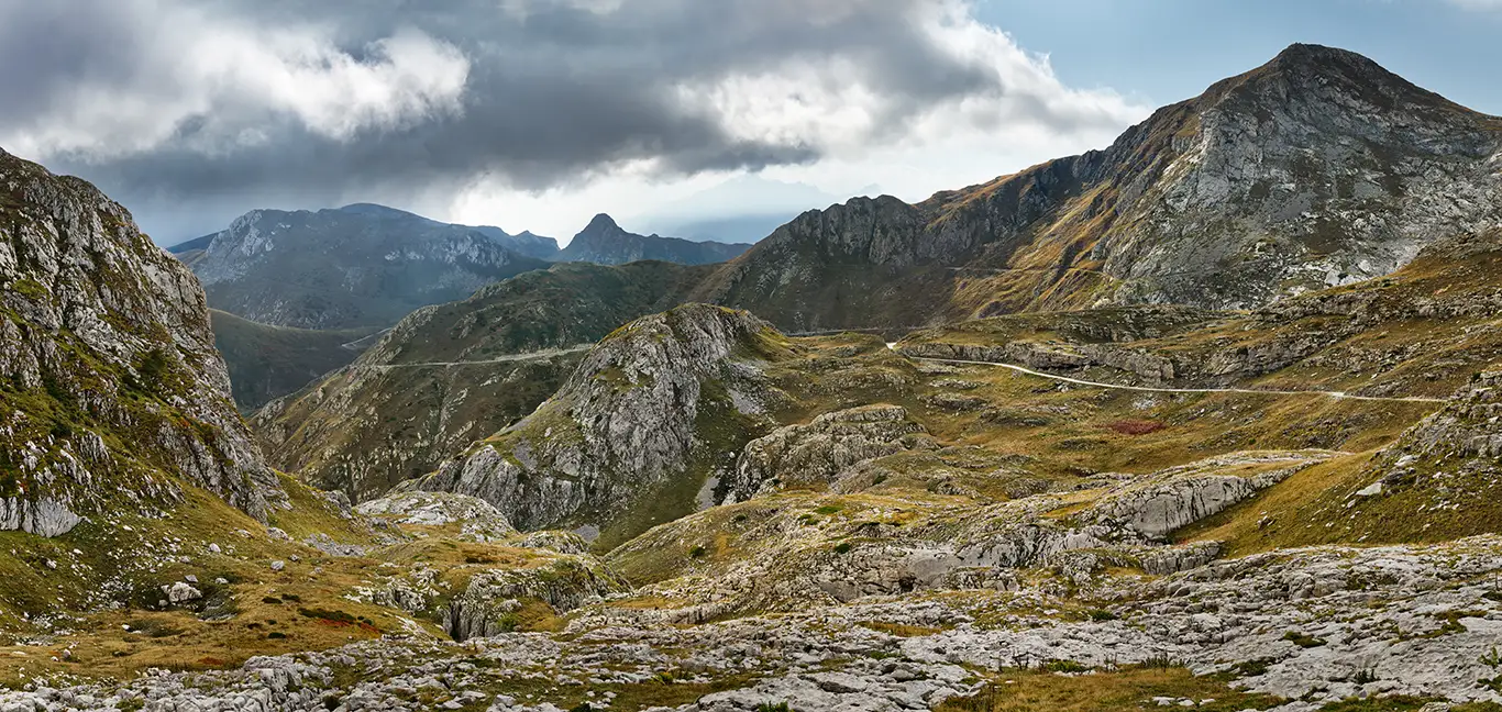 Karst landscape at the Colle delle Carsene Alpine pass in the northern section of the Ligurian Border Ridge Road