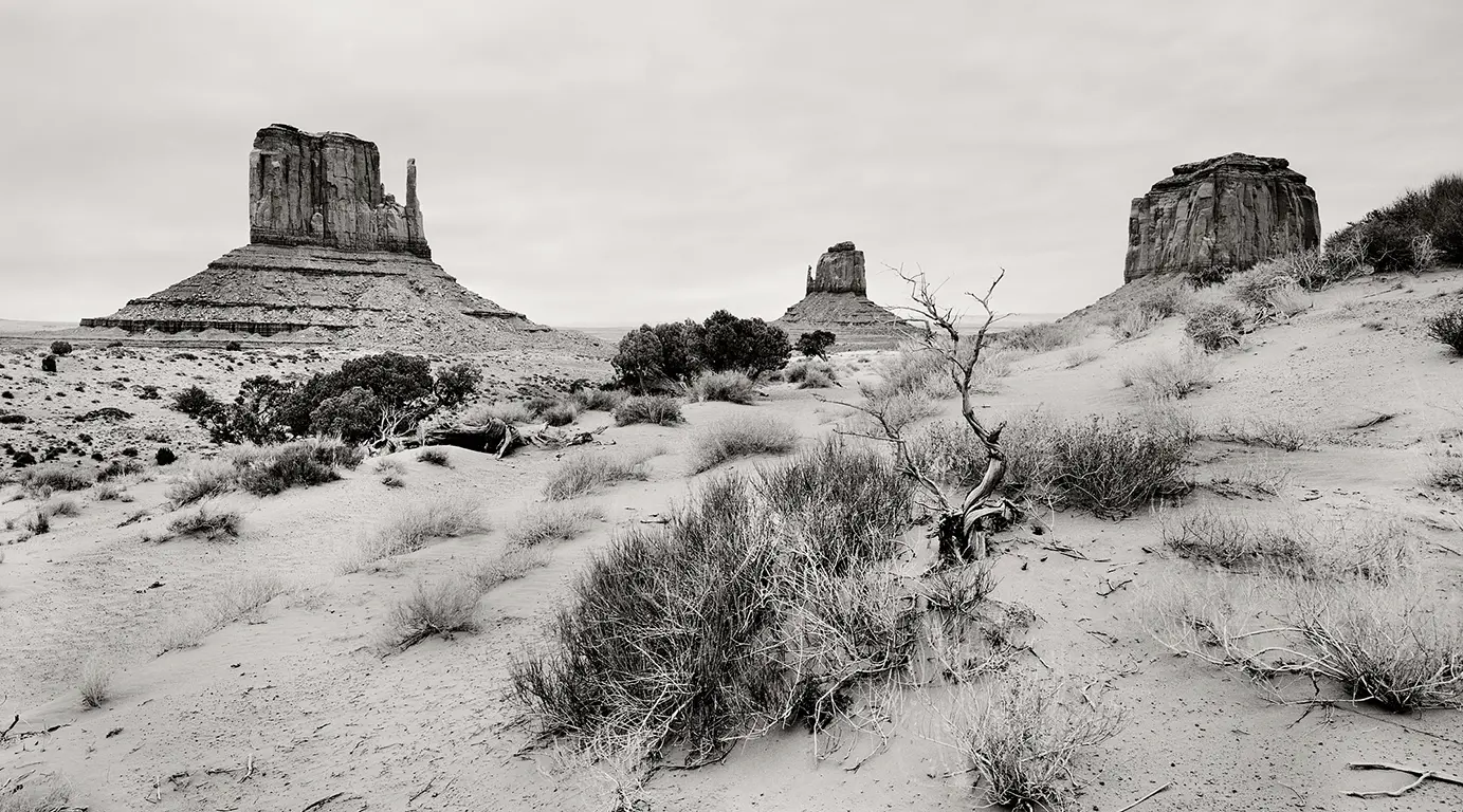 A black-and-white photograph of Monument Valley, with a barren desert foreground of sand and scrub; in the background, the striking sandstone formations of West Mitten, East Mitten and Merrick Butte rise up
