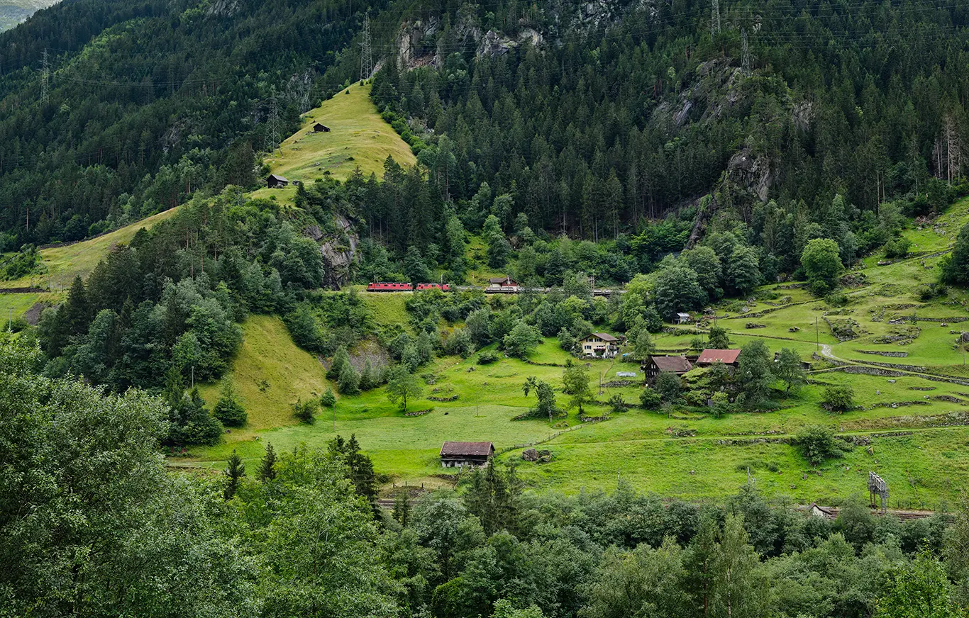Güterzug auf der Nordrampe der Gotthardbahn bei der Ausfahrt aus dem Pfaffensprung-Kehrtunnel