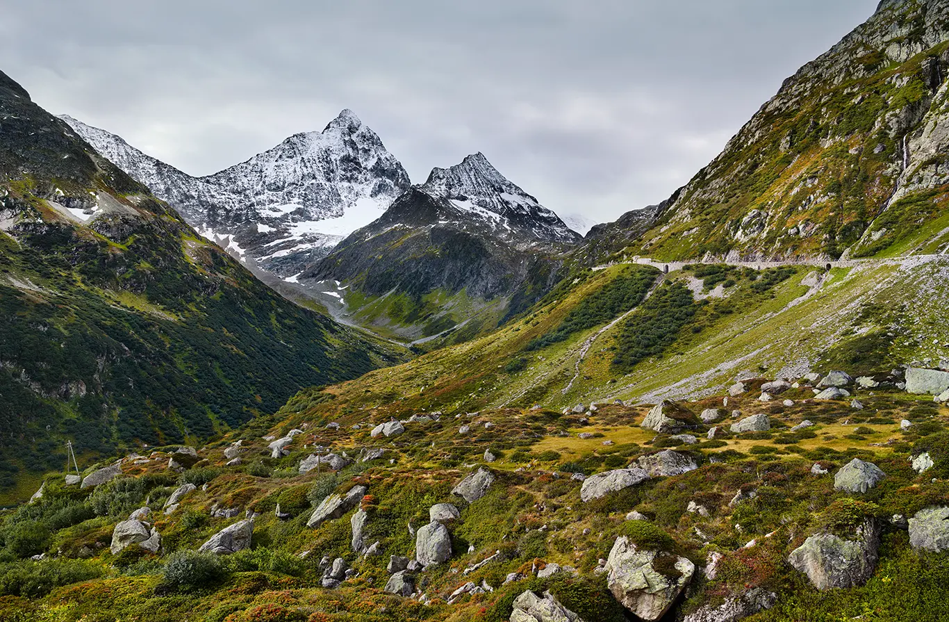 Straße der Ostrampe des Sustenpass führt durch eine Landschaft aus Geröll und Bergwiesen unterhalb von Sustenspitz und Sustenhorn